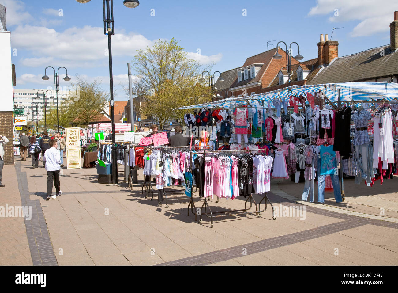 Market stall selling clothing in the Hertfordshire town of Hoddesdon Stock Photo