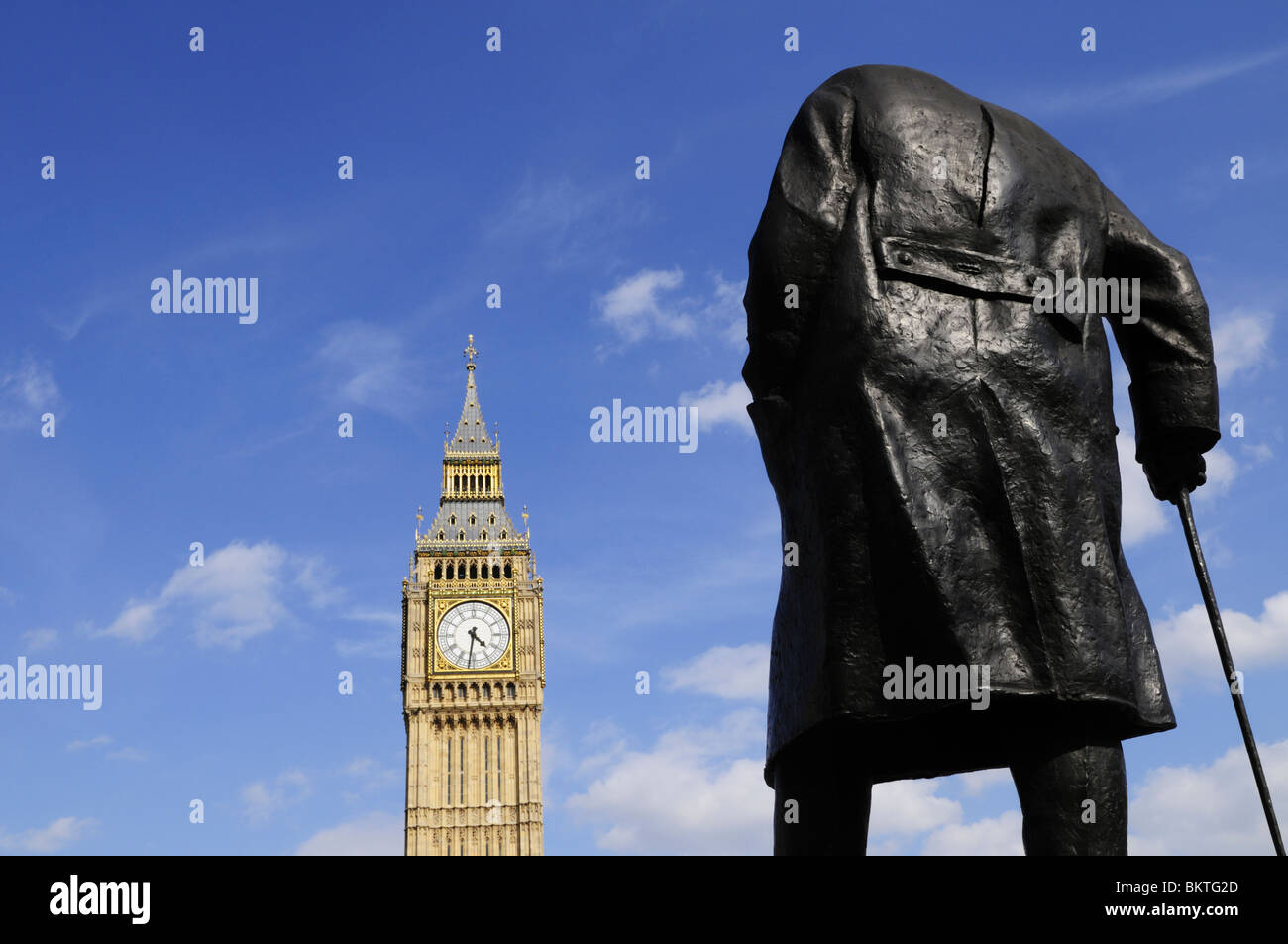 Statue of Sir Winston Churchill and Big Ben, Parliament Square, Westminster, London, England, UK Stock Photo