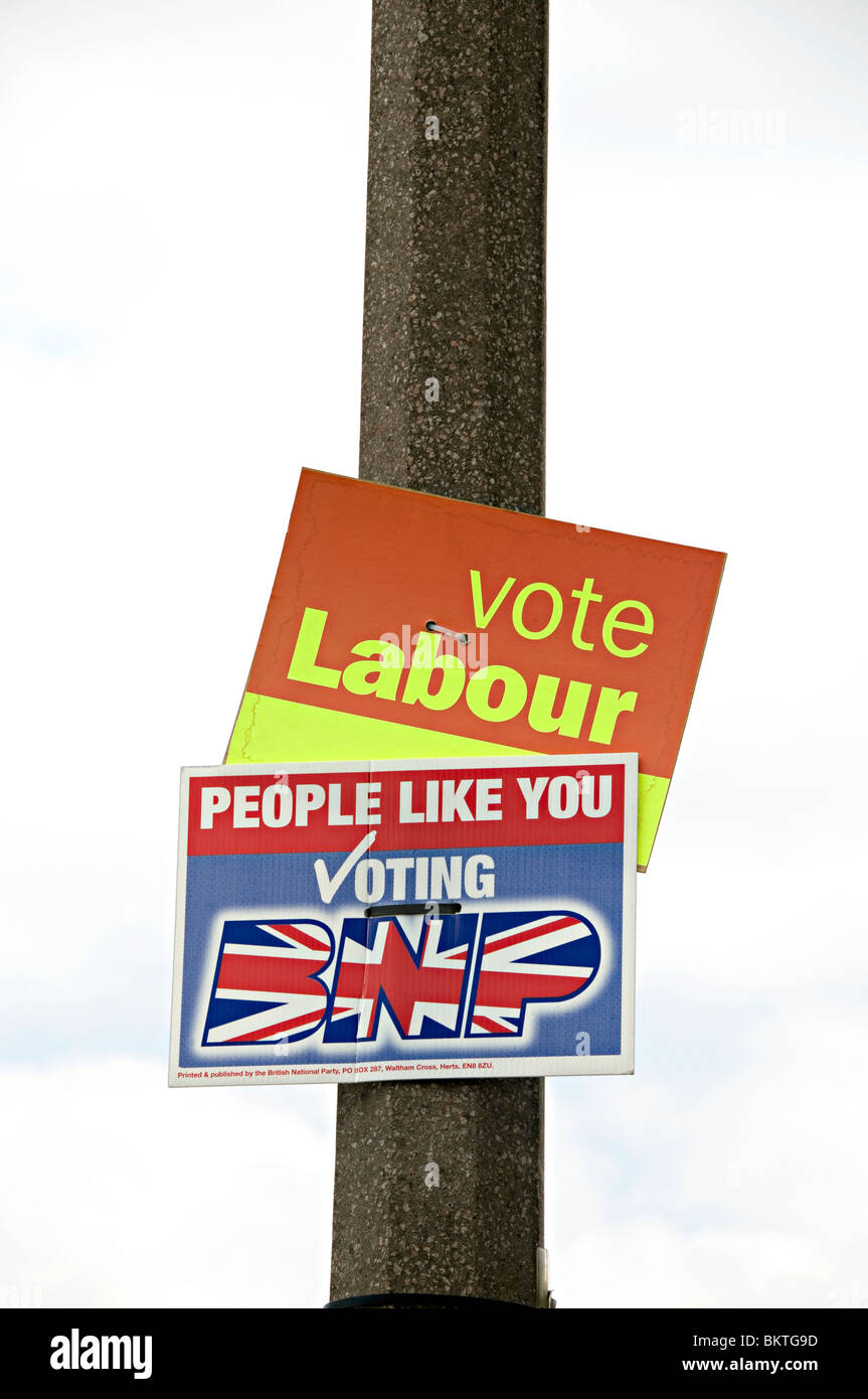 bnp british national party and vote labour signs at the uk national elections may 6th 2010 Stock Photo