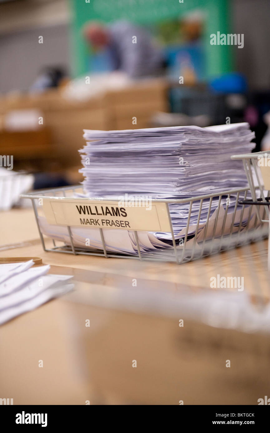 Piles of votes cast for Lib Dem candidate Mark Williams in the Ceredigion constituency at the General Election, May 6 2010 Stock Photo