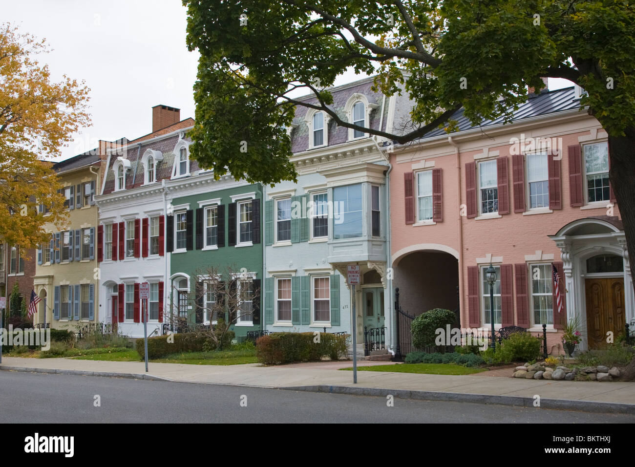 Federal style architecture colorful houses on South Main Street in Geneva New York Stock Photo