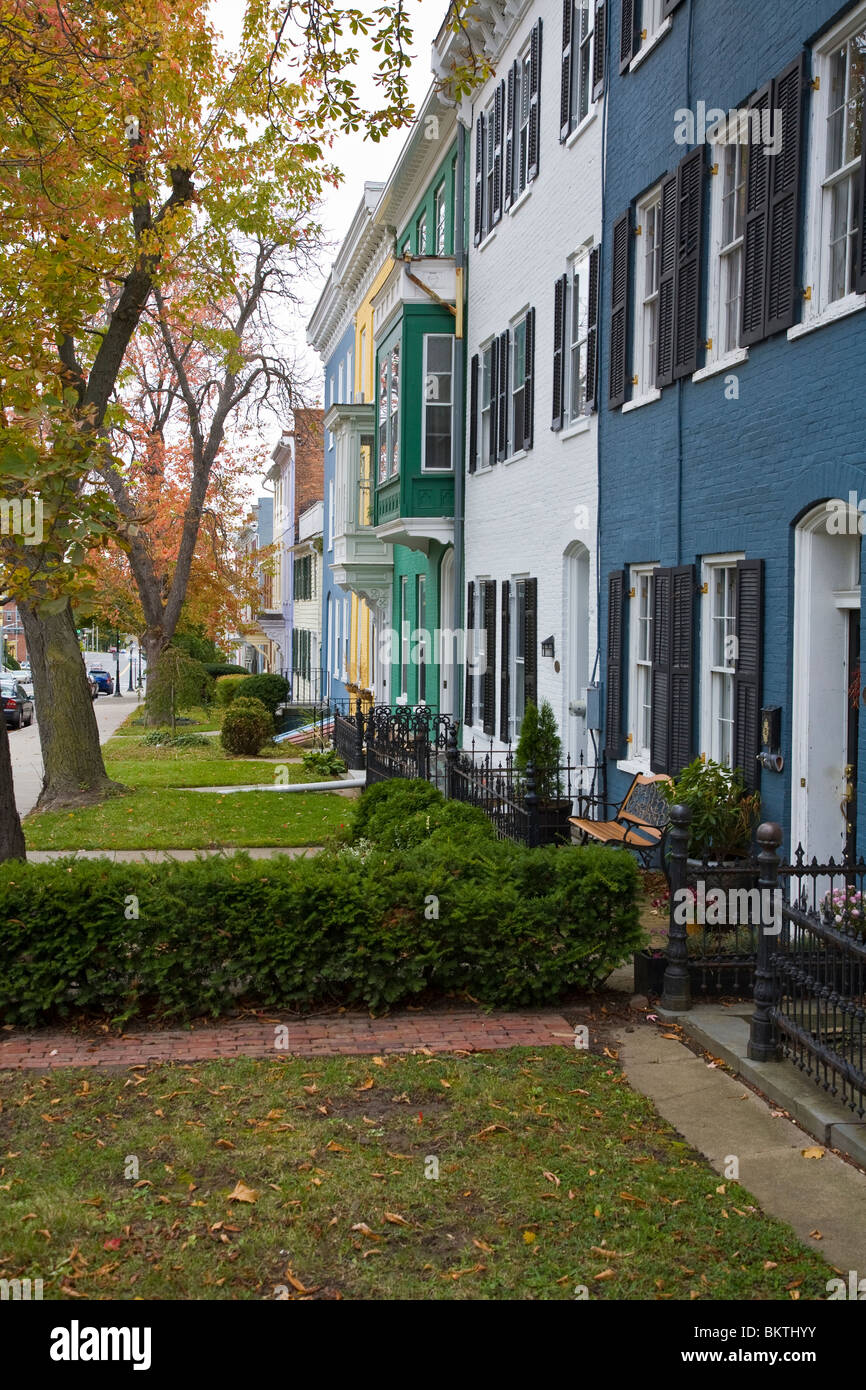 Federal style architecture colorful houses on South Main Street in Geneva New York Stock Photo
