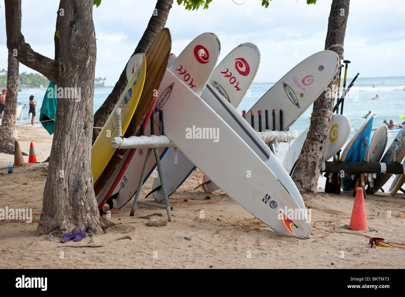 Rental Surfboards on Waikiki Beach, Honolulu, Hawaii Stock Photo