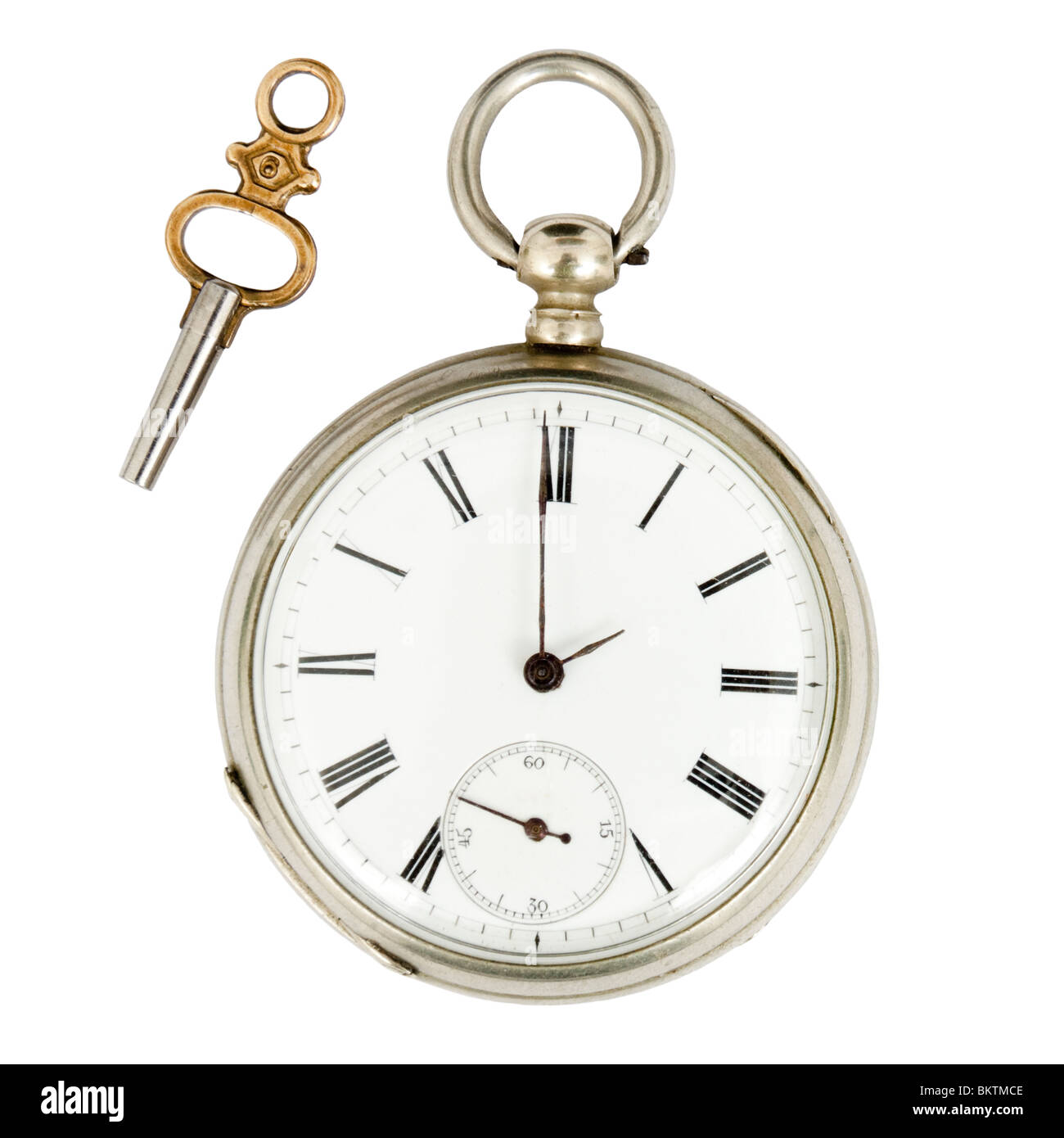 Antique pocket watch and winding key, isolated on white background