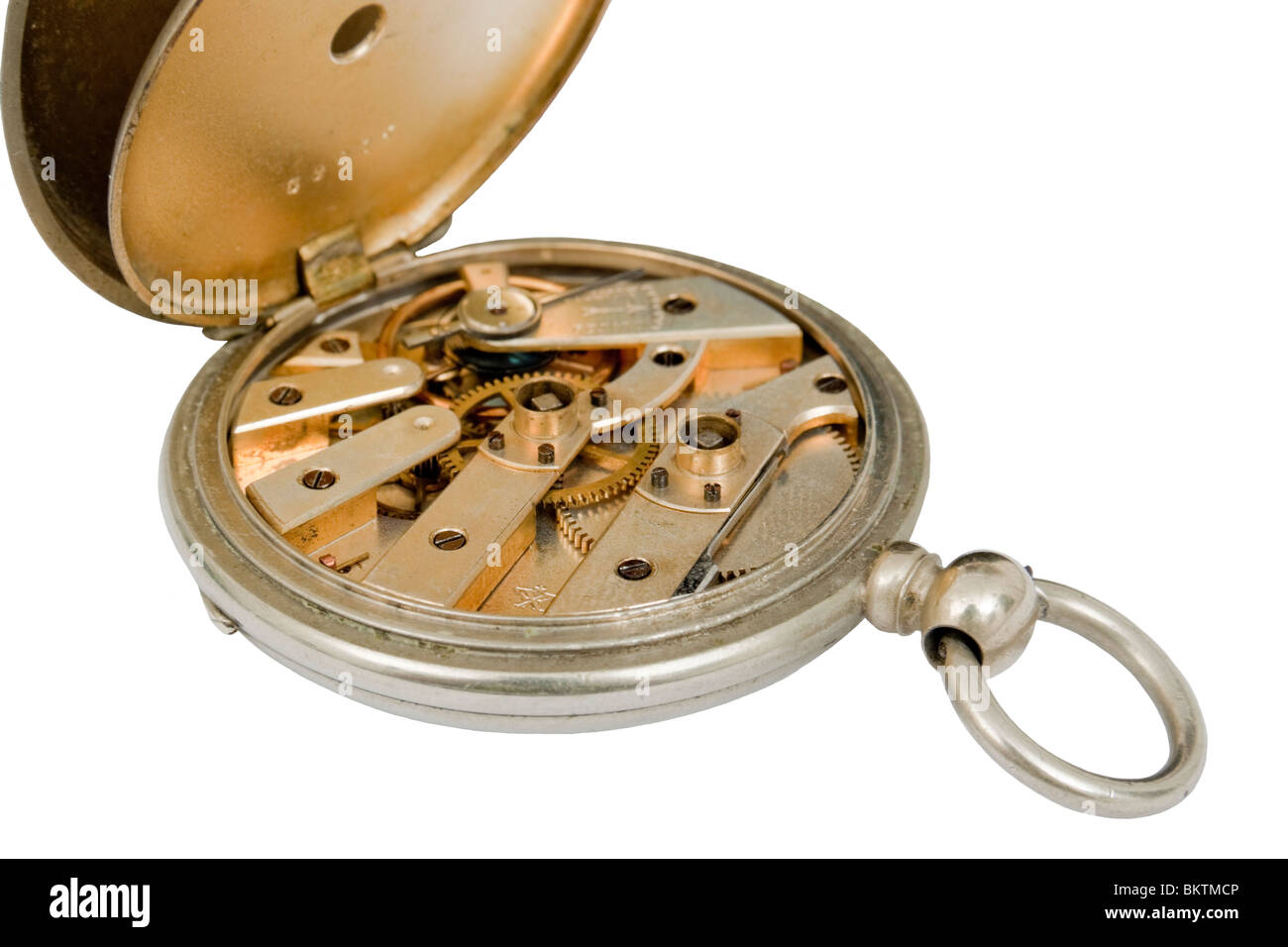 Internal clockwork mechanism of antique Silver pocket watch, isolated