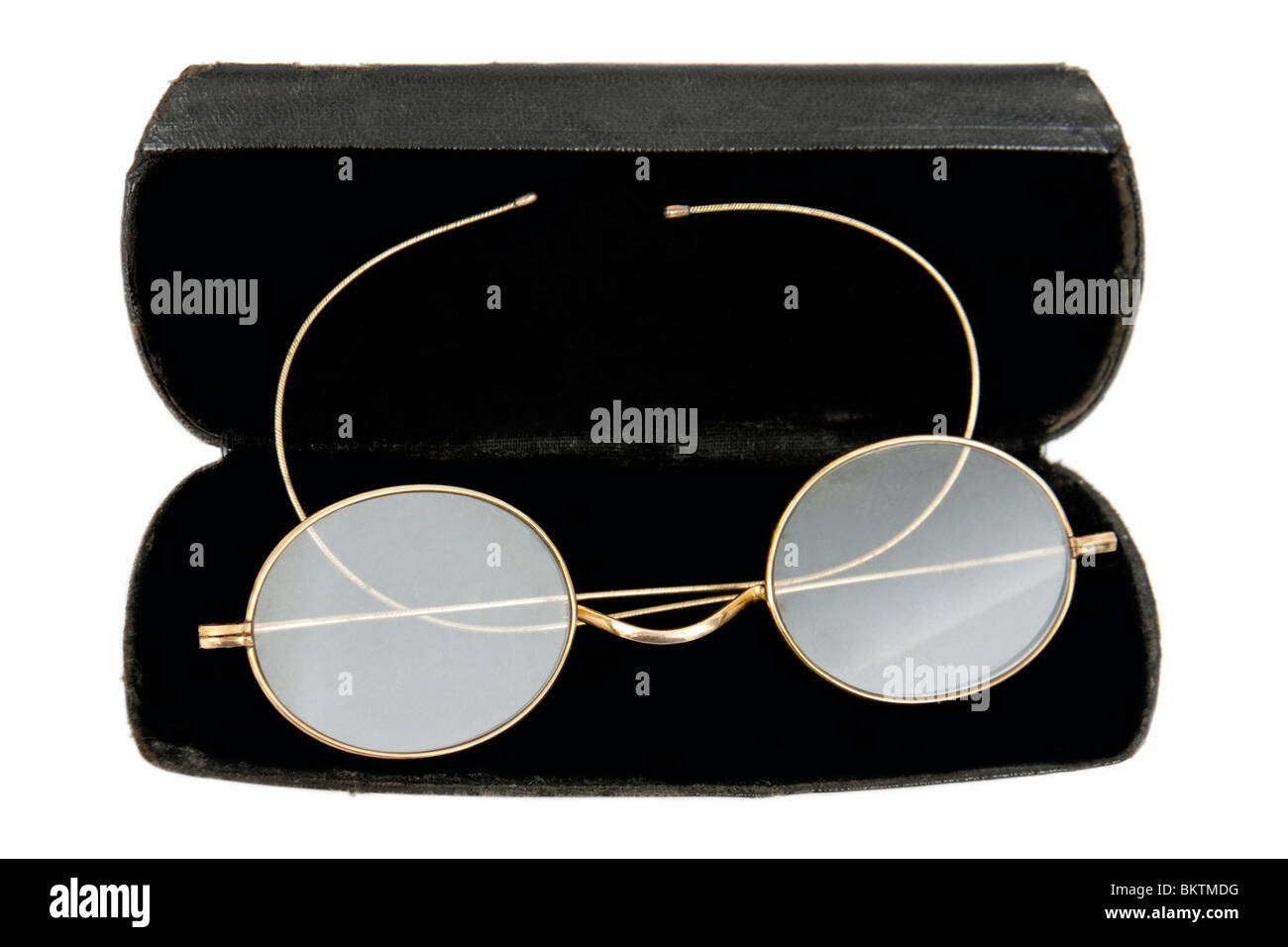 Antique Edwardian 18ct Gold spectacles in case, isolated on white background Stock Photo