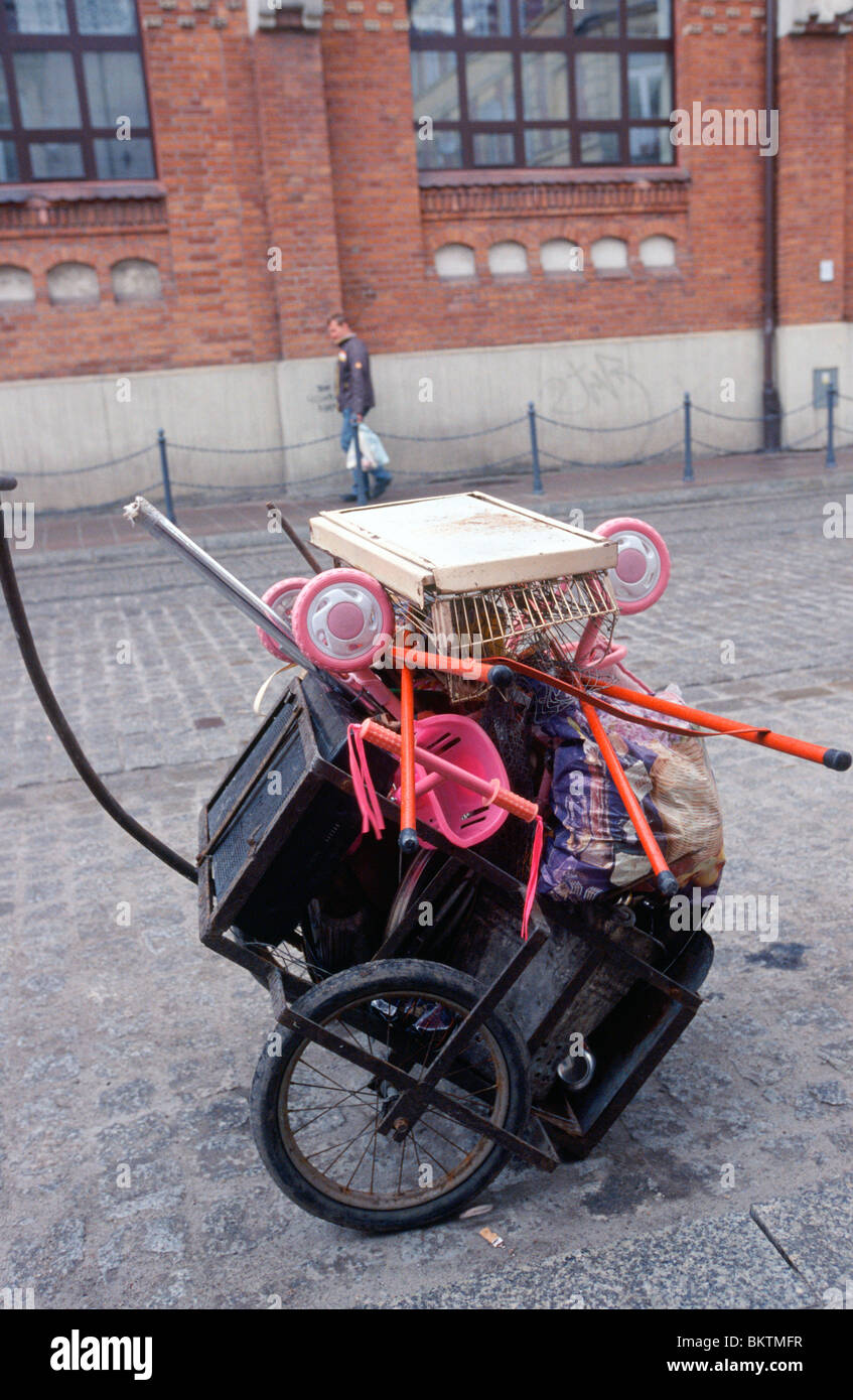 Krakow, April 2010 -- Hand cart on the sidewalk in the Kazimierz district of Kraków, Poland. Stock Photo
