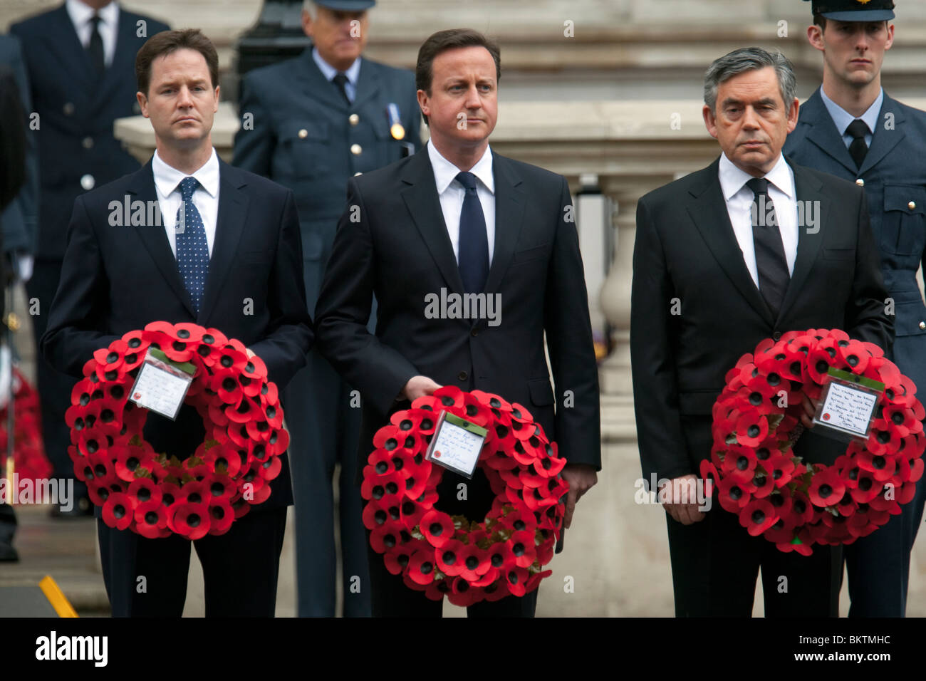 British political leaders with wreaths at the VE Day service in Whitehall, l/r Nick Clegg, David Cameron and Gordon Brown Stock Photo