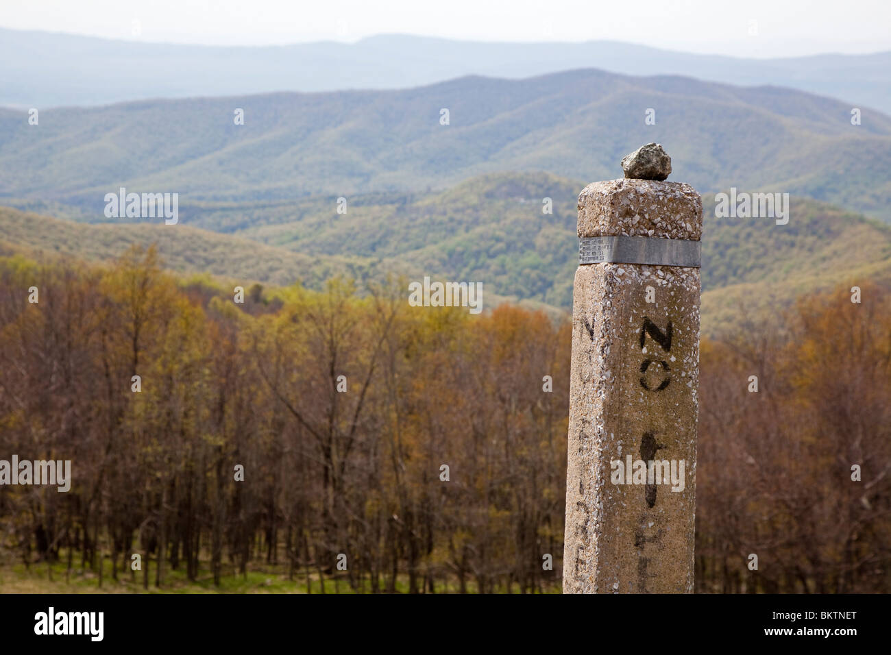 Shenandoah National Park, Virginia - A marker for the Appalachian Trail in the Blue Ridge Mountains. Stock Photo