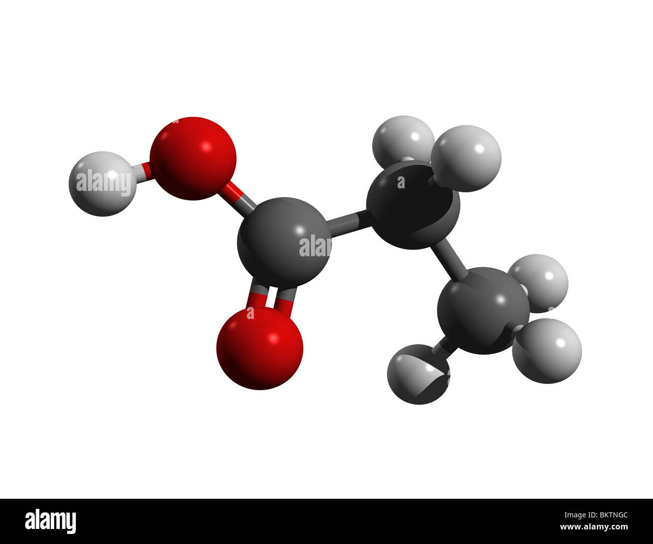 Propionic acid, propanoic acid (colorcode: black=carbon, white=hydrogen, red=oxygen) Stock Photo