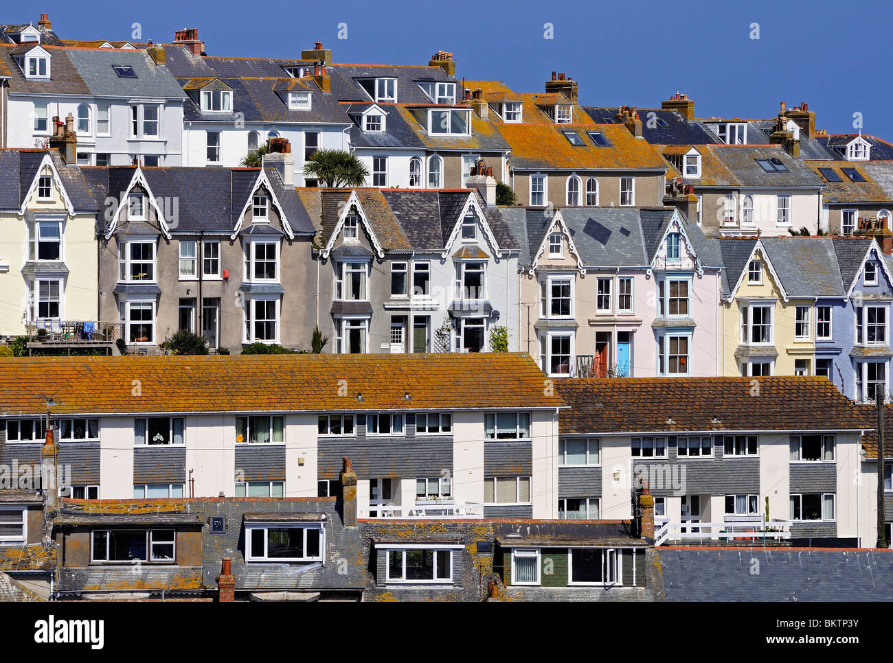 rows of terraced houses in st.ives, cornwall, uk Stock Photo