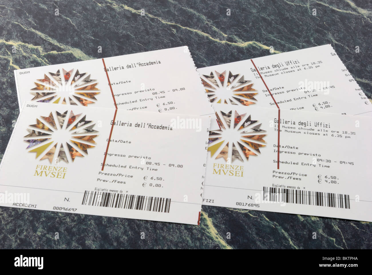 Two entrance tickets to two Florence's most famous galleries, the Galleria dell Accademia and the Galleria degli Uffizi. Italy. Stock Photo