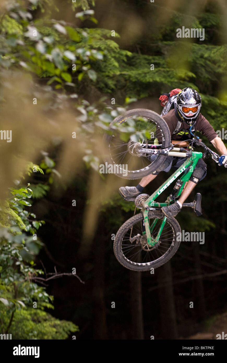 Downhill Mountain Biking in the world famous Whistler Bike Park in Whistler, BC, Canada Stock