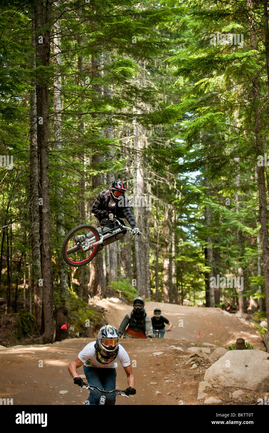 Downhill Mountain Biking in the world famous Whistler Bike Park in Whistler, BC, Canada Stock Photo