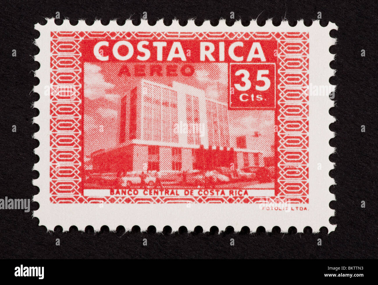 Postage stamp from Costa Rica depicting the Central Bank building Stock Photo