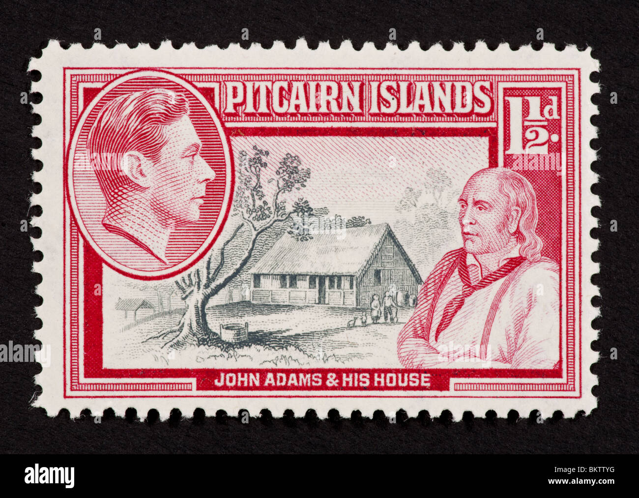 Postage stamp from Pitcairn Islands depicting John Adams, his house and George VI. Stock Photo