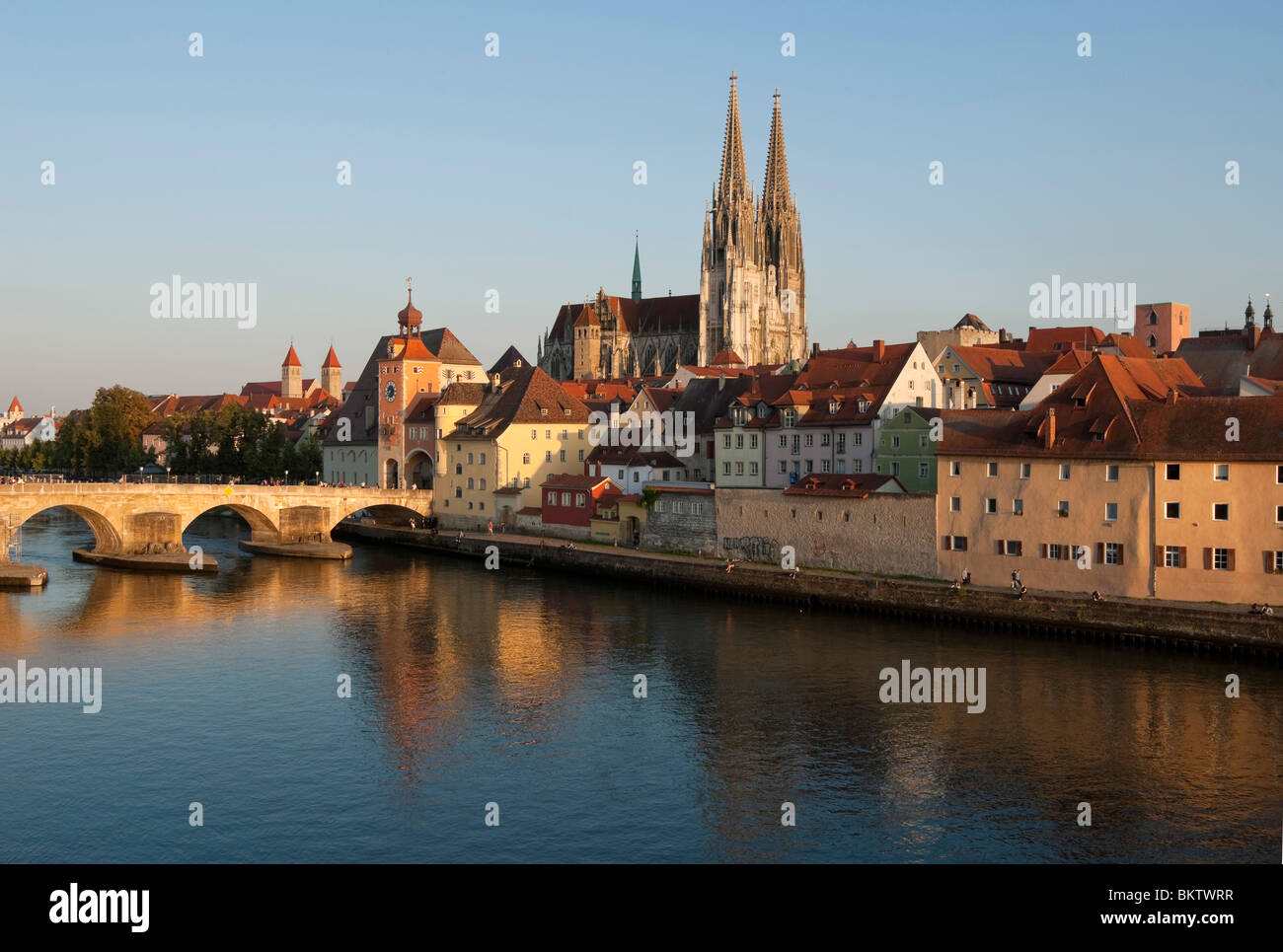 Regensburg at river Danube: Old Town with Stone Bridge, City Gate, Cathedral St. Peter, Upper Palatinate, Bavaria, Germany Stock Photo