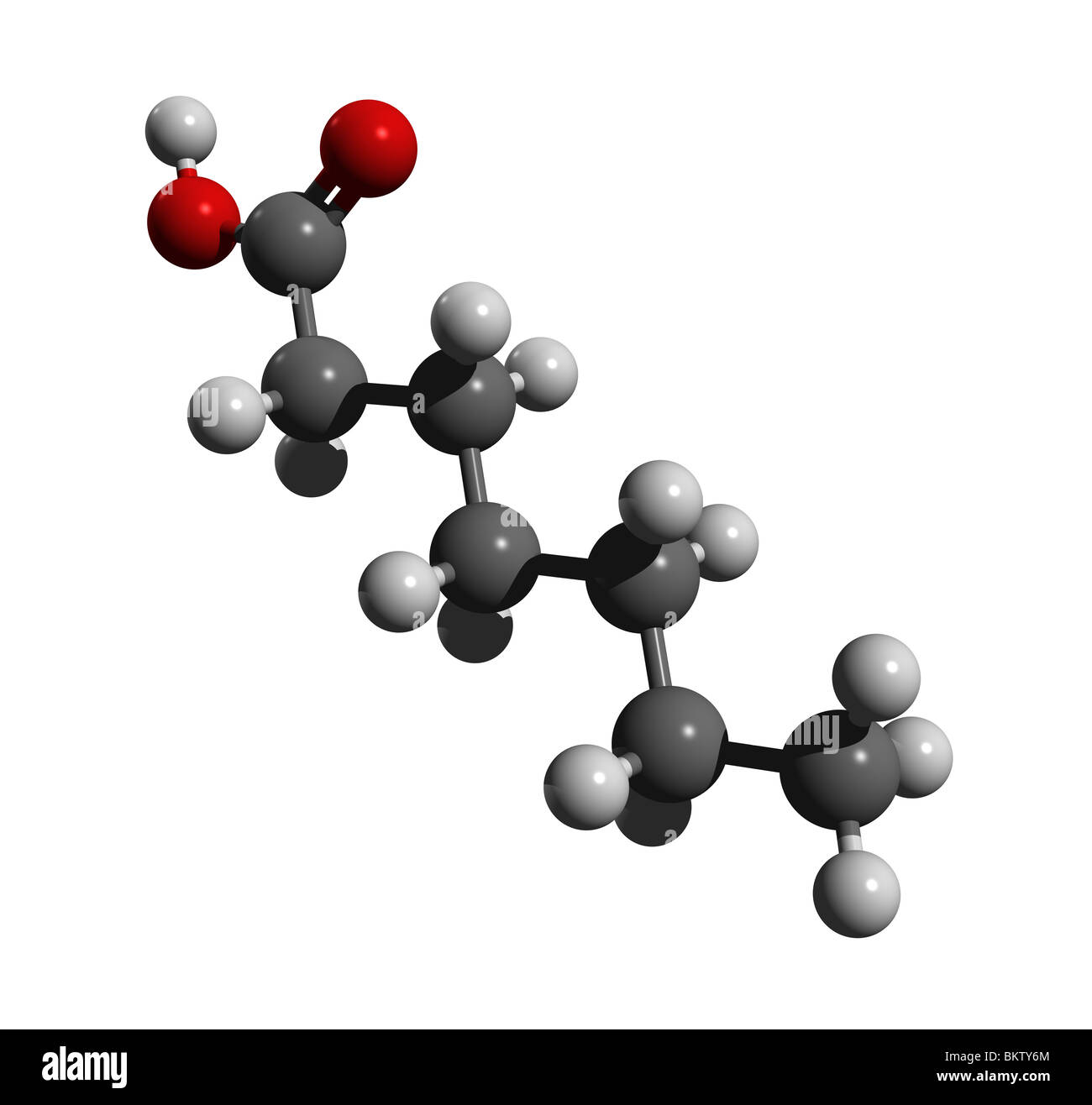 Heptanoic acid (colorcode: black=carbon, white=hydrogen, red=oxygen) Stock Photo