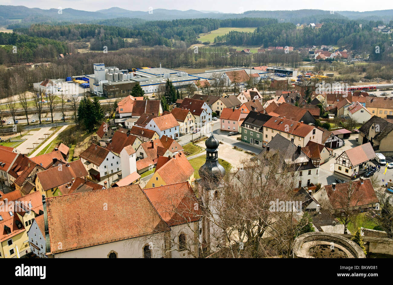 View of Neuhaus an der Pegnitz &  Kaiser Brewery, Middle Franconia, Bavaria, Germany, Europe. Stock Photo