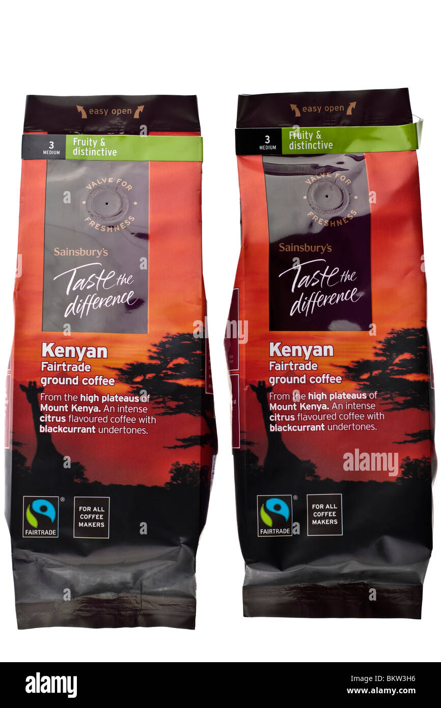 Two packets of Sainsbury's 'Taste the Difference' Kenyan Fairtrade ground coffee Stock Photo