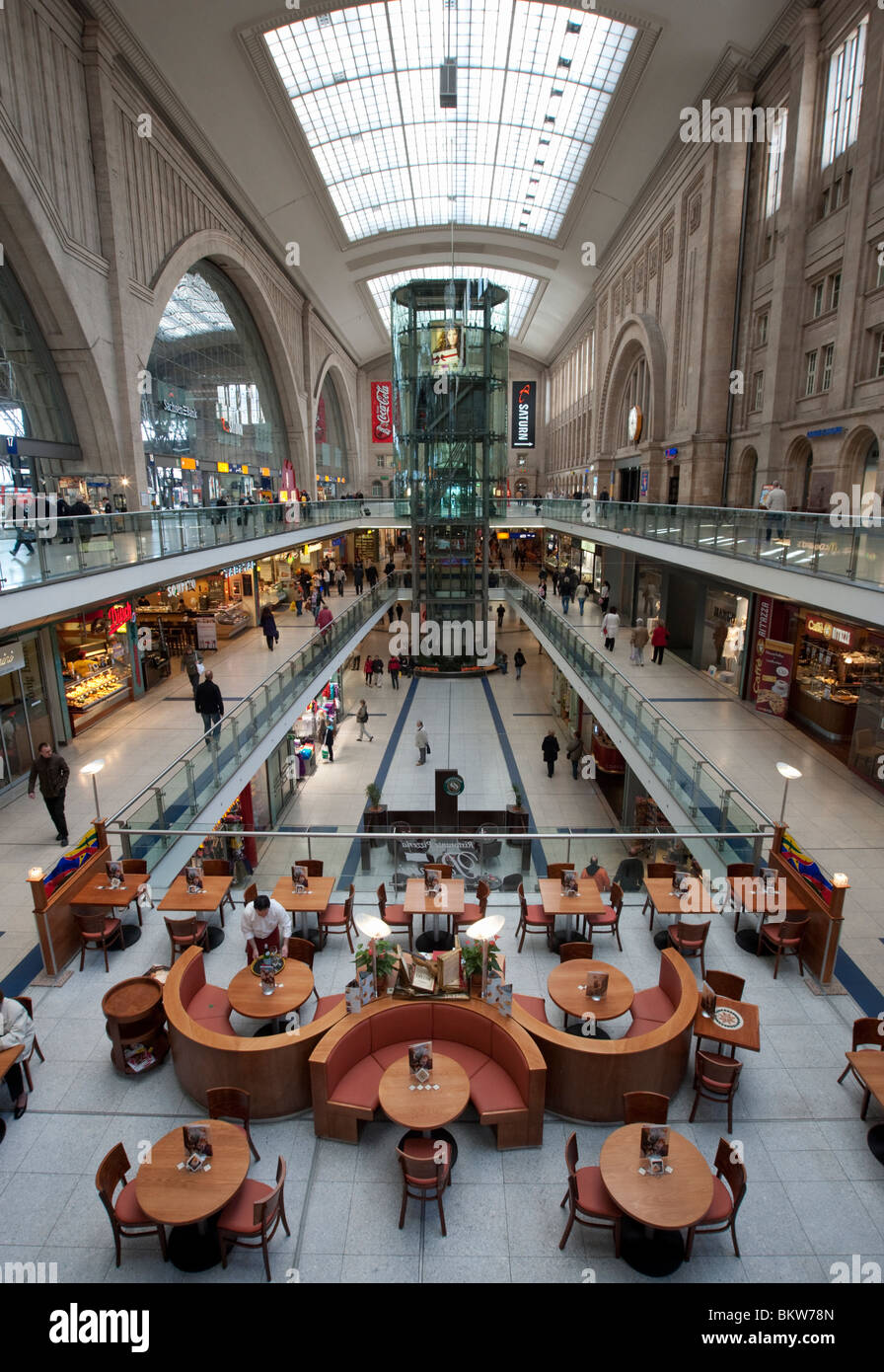 Interior of large atrium at Leipzig railway station or Hauptbahnhof in Leipzig Germany Stock Photo