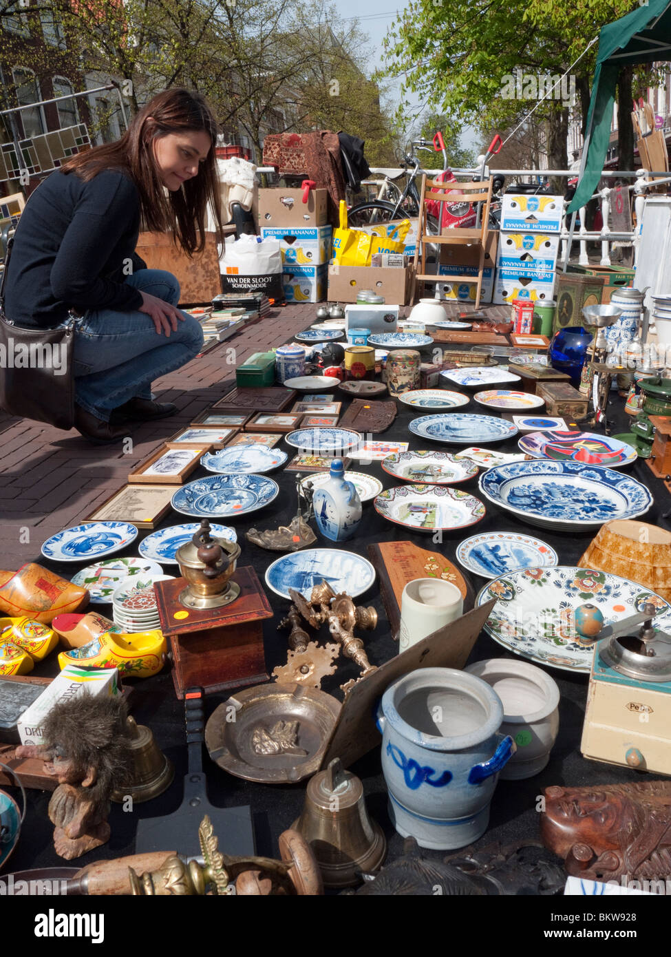 Saturday antiques market beside canals in Delft in The Netherlands Stock Photo