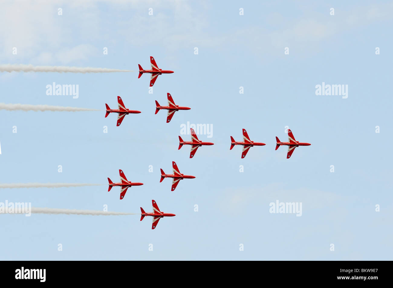 Red Arrows display team demonstrate precision flying during the Northern Ireland Air Show 2009. Stock Photo