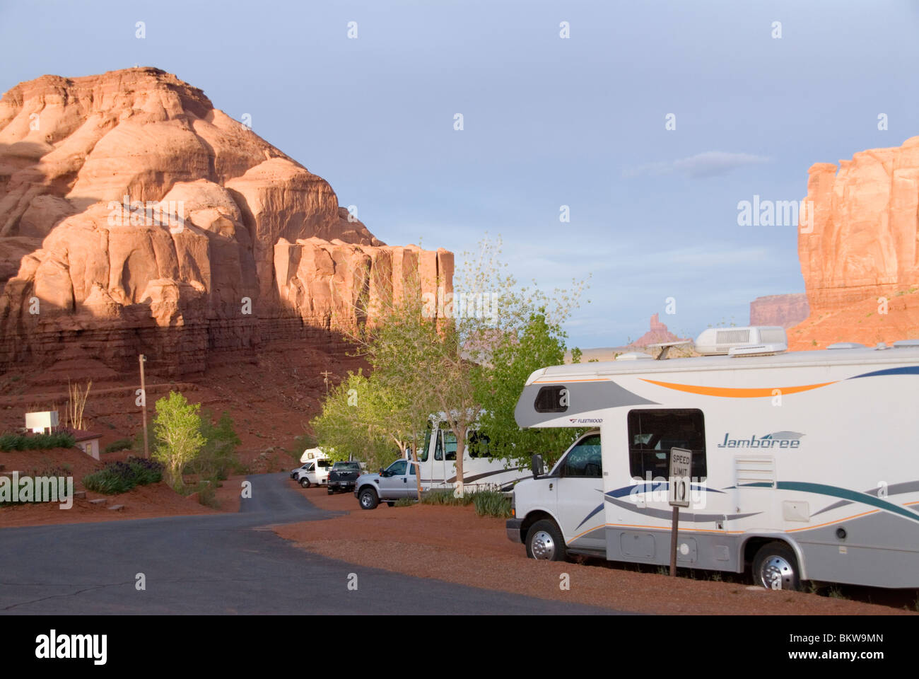 Gouldings RV park with recreational vehicles behind Gouldings Lodge in Monument Valley Navajo Tribal Park Utah south west USA Stock Photo