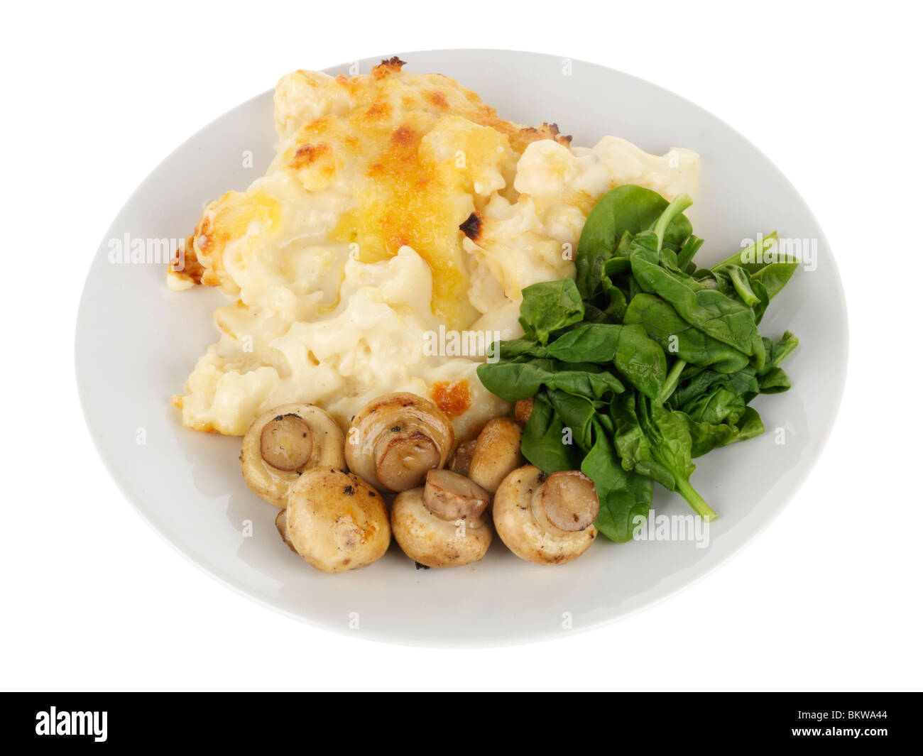Cauliflower Cheese with Spinach and Mushroom Stock Photo Alamy