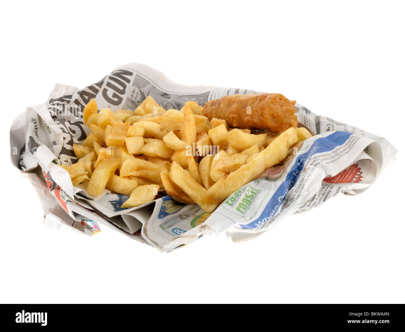 Battered Sausage and Chips Stock Photo