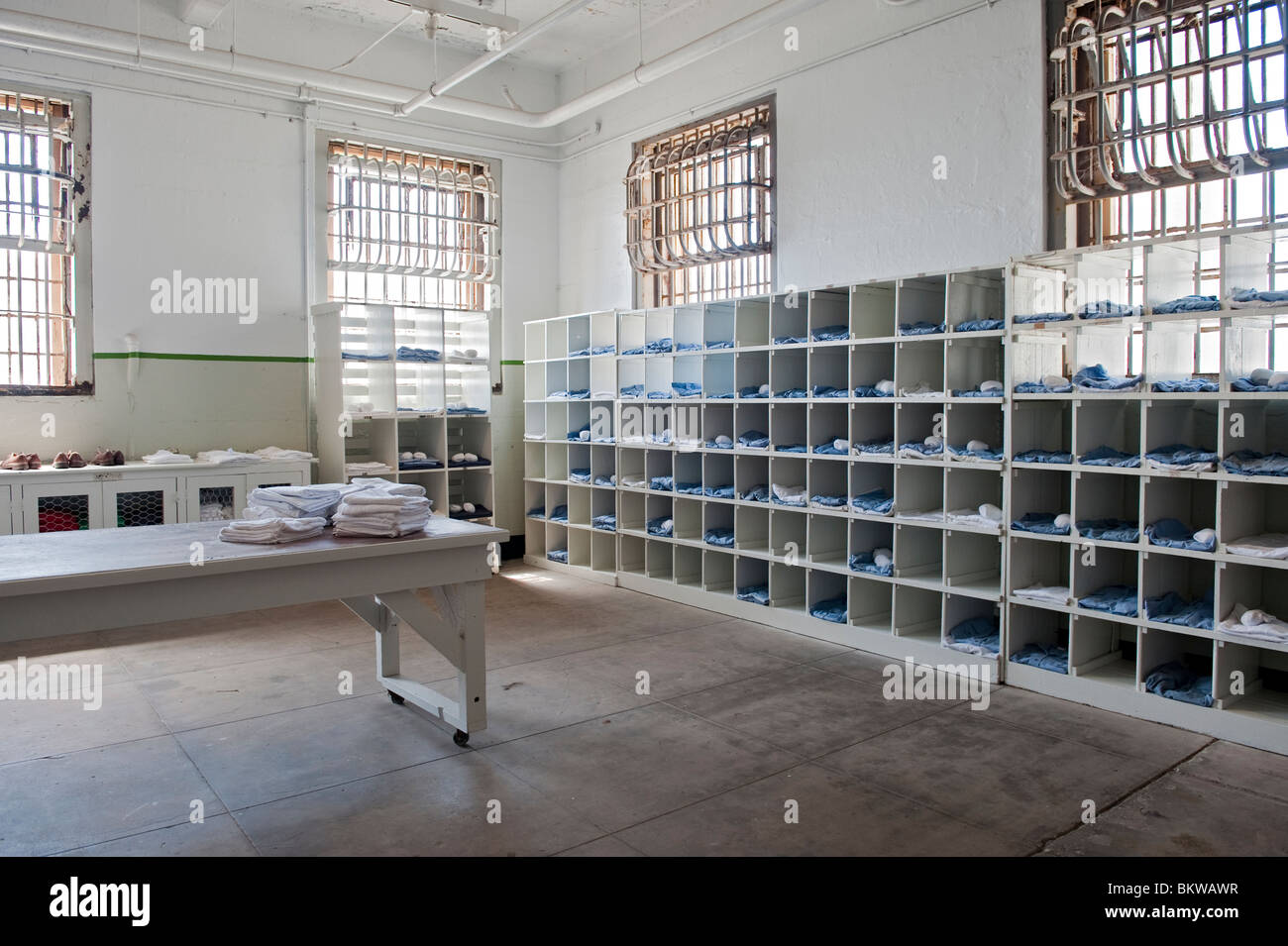 The Uniform or Clothing Issue Room, Alcatraz Island Prison or 'The Rock', San Francisco Bay, California, USA Stock Photo