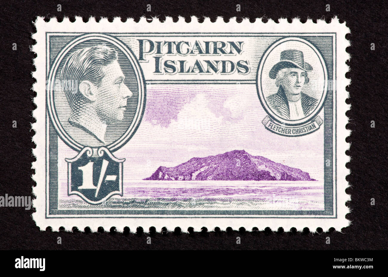 Postage stamp from the Pitcairn Islands depicting Pitcairn Island, George Fletcher  and George VI. Stock Photo