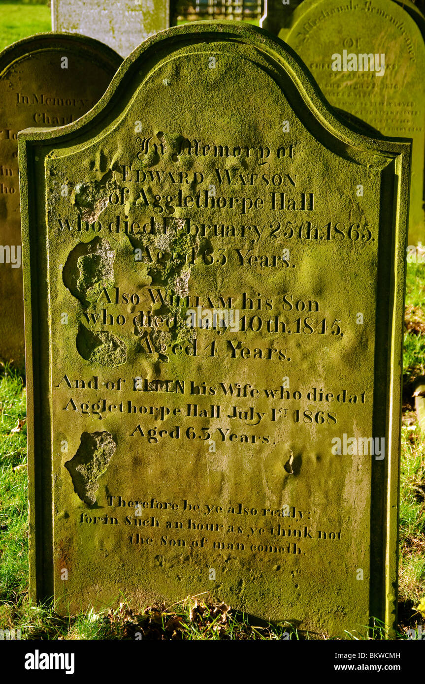 Old gravestone at Coverham, Coverdale, in the Yorkshire Dales National Park, England Stock Photo
