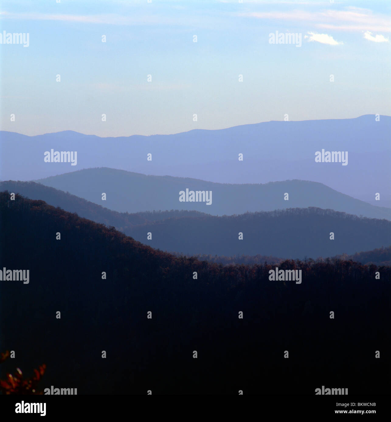 View of mountains on late autumn afternoon in Blue Ridge Mountains, Blue Ridge Parkway, Virginia, USA Stock Photo