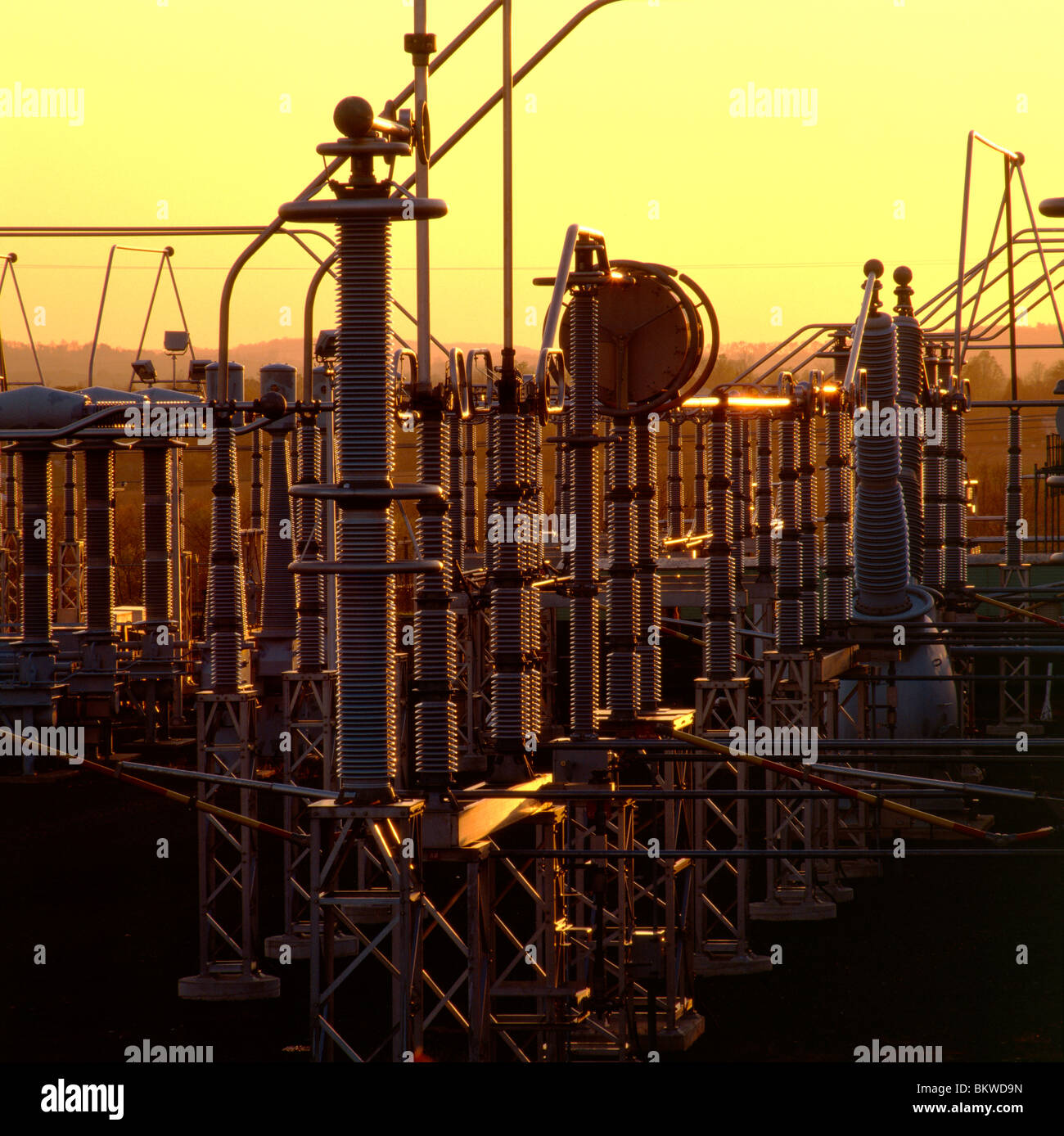 Electrical transmission yard at sunset, Limerick Nuclear Power Plant ...