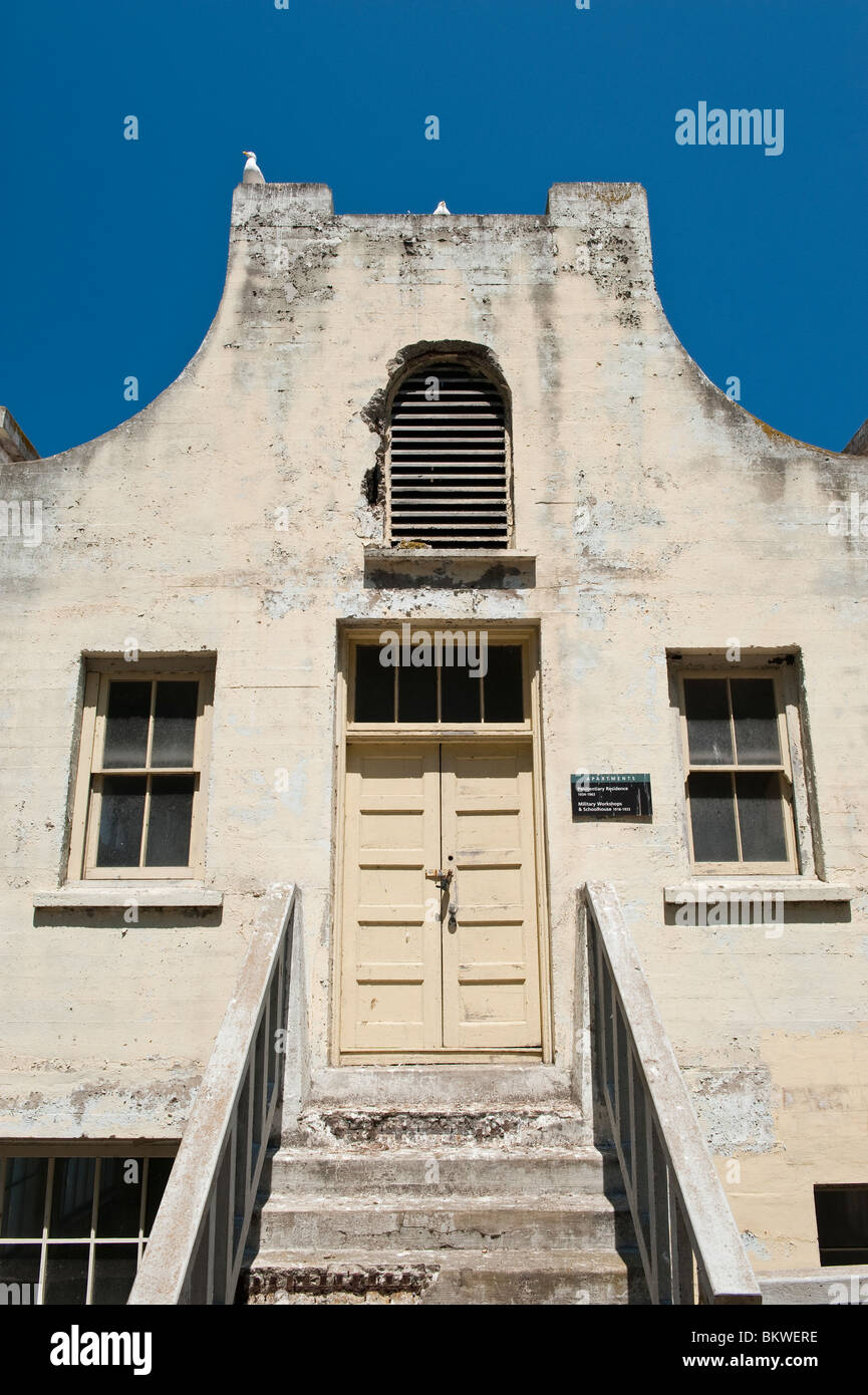 Derelict Building by the Officers Quarters in the Alcatraz Prison Complex or 'The Rock', San Francisco Bay, California, USA Stock Photo
