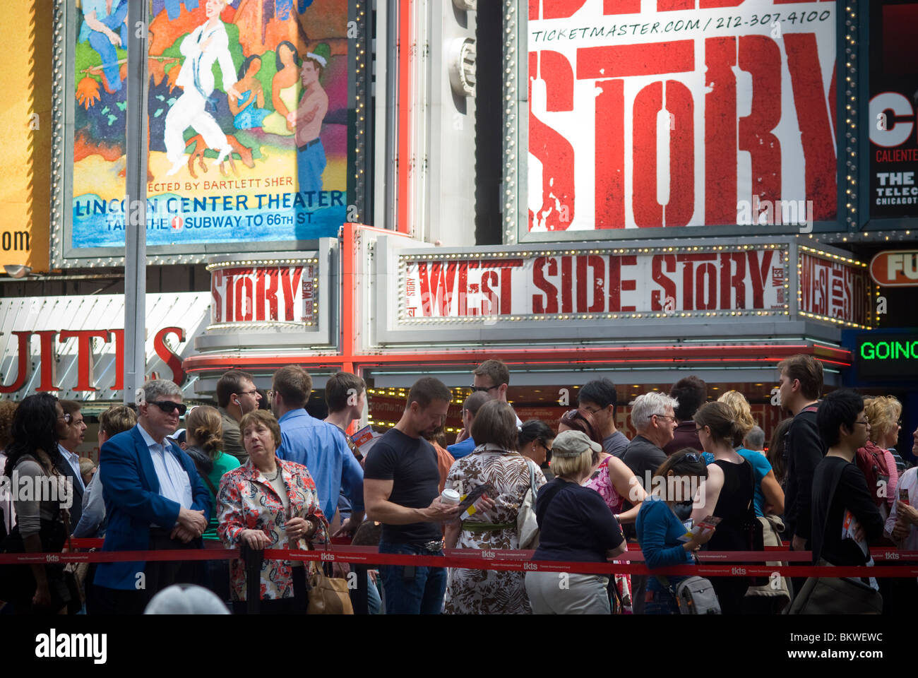 Theatergoers on line at the TKTS ticket booth in Times Square in New
