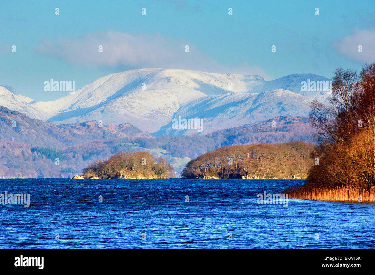 Winter view looking up Coniston Water, Lake District, with Peel Island in mid-distance and Red Screes on the skyline Stock Photo