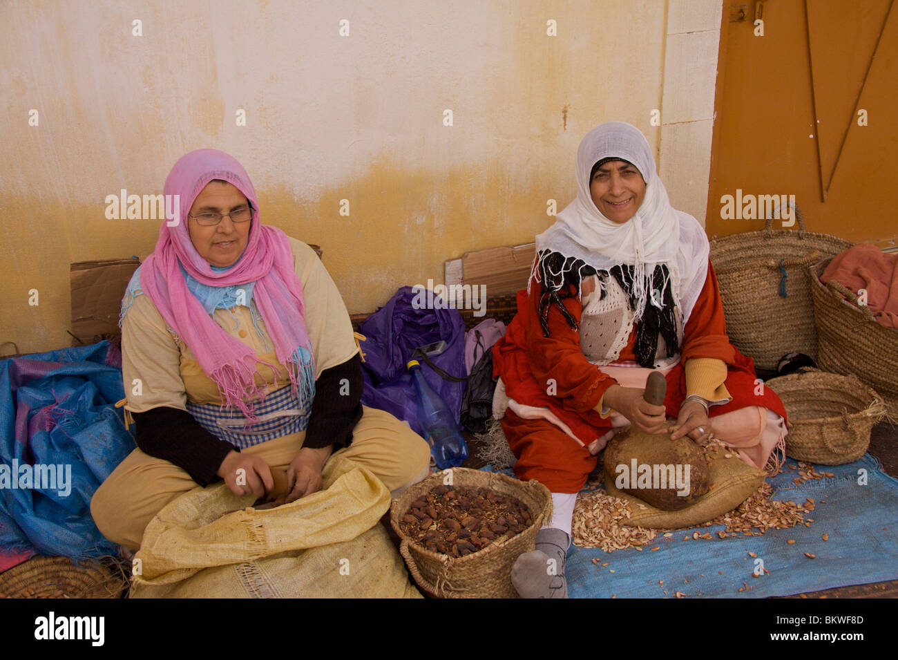 Two women working in an Argan oil co-operative wearing brightly coloured head scarves and grinding and splitting Argan nuts Stock Photo