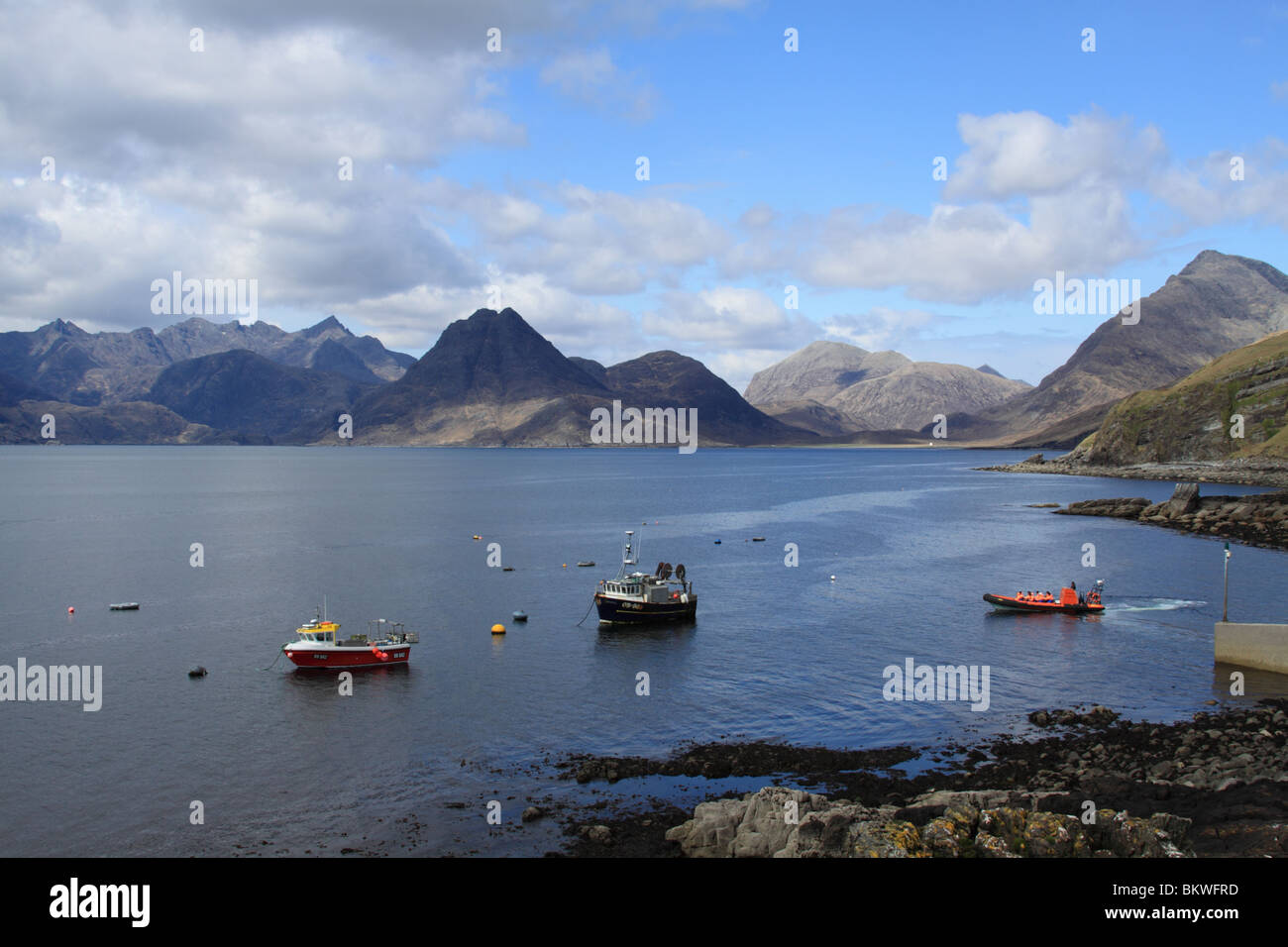 Sea loch,Scotland,fishing boats at anchor,Isle of Skye,Elgol,Mountain backdrop,Cullins,Landscape,Coast,Coastline,Elgol, Stock Photo