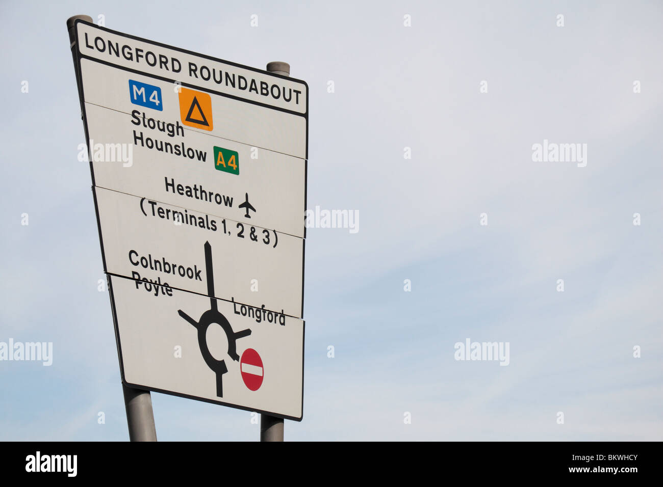 A road sign (on Longford roundabout) close to Heathrow Airport, London, UK. Stock Photo