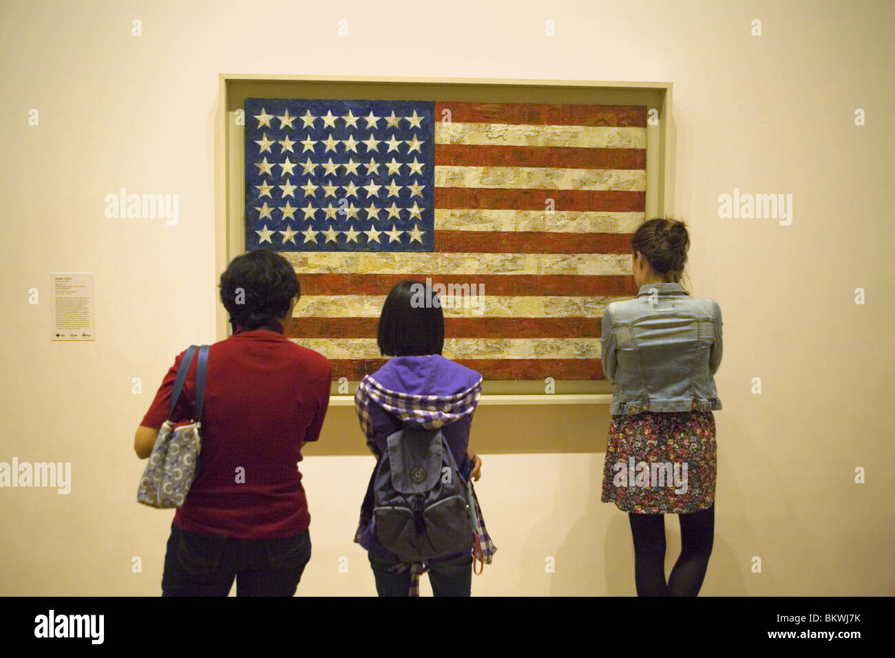Museum goers contemplate ':American Flag' by the artist Jasper Johns at the Museum of Modern Art in New York City Stock Photo