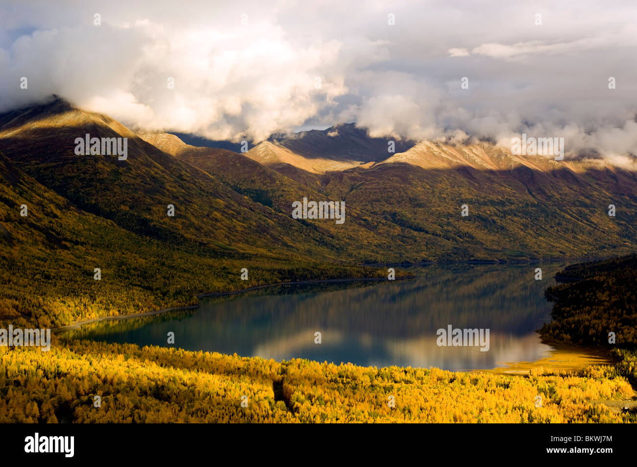 An aerial view looking out over Eklutna Lake in the Chugach Mountains