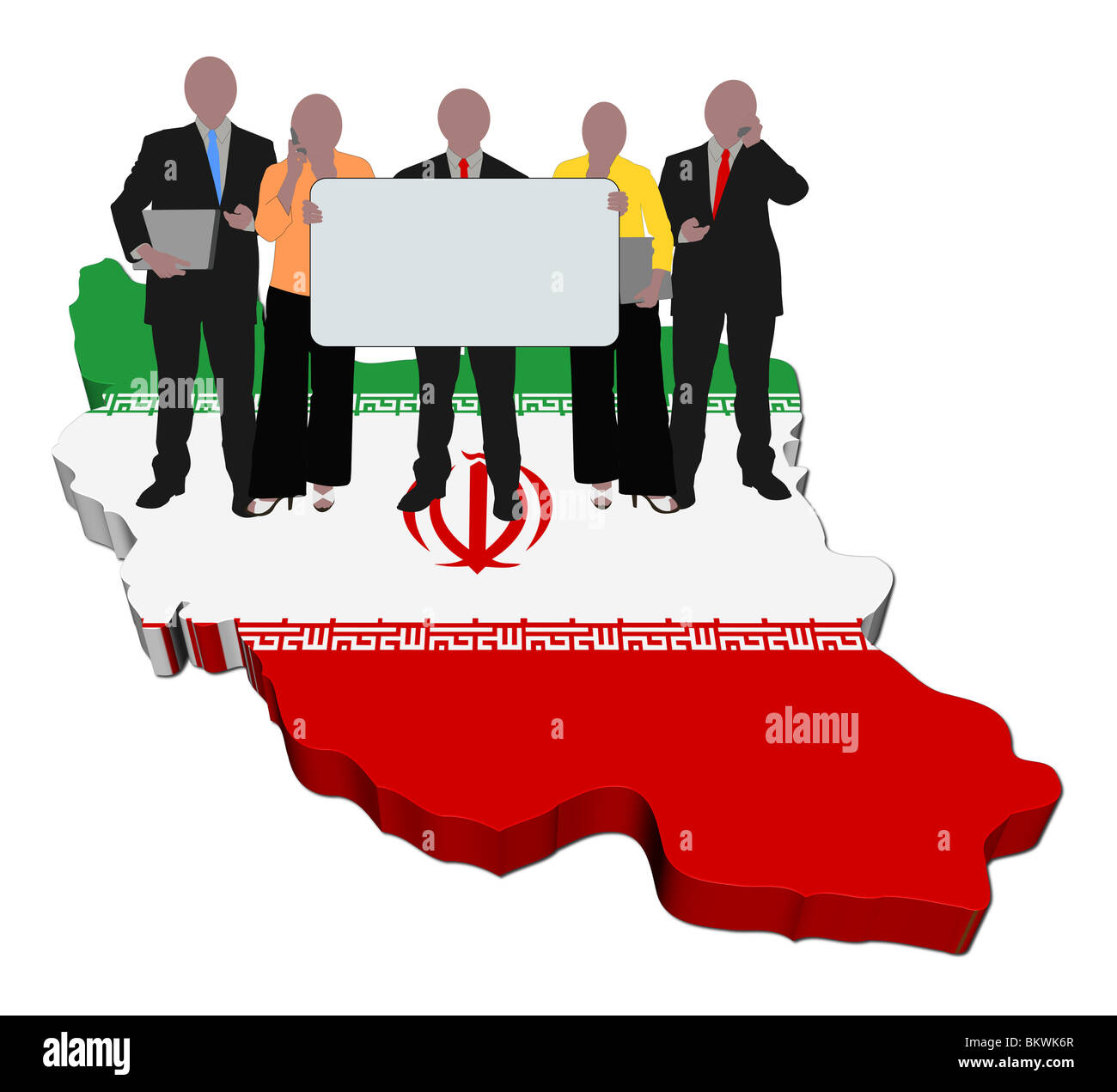 business team with sign on Iran map flag illustration Stock Photo