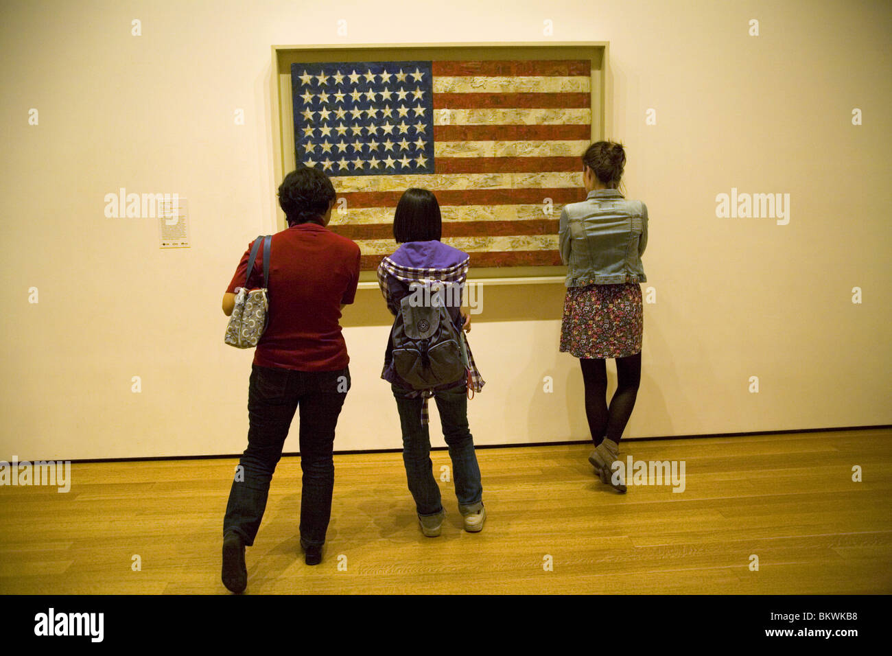 Museum goers contemplate ':American Flag' by the artist Jasper Johns at the Museum of Modern Art in New York City Stock Photo