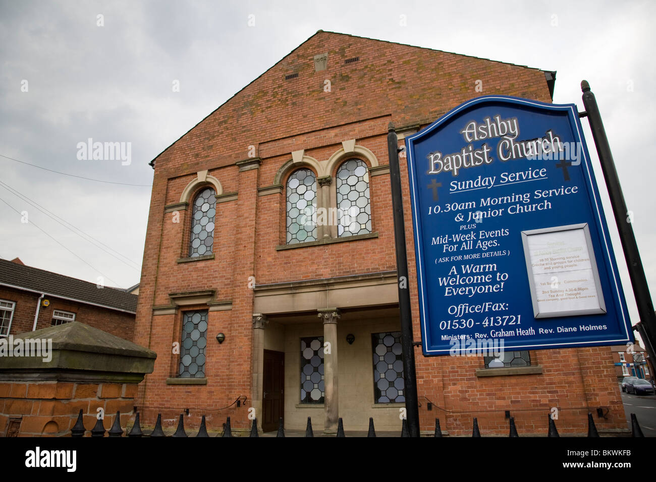 Th sign and entrance to the Ashby Baptist Church in Ashby de la Zouch, Leicestershire, England. Stock Photo