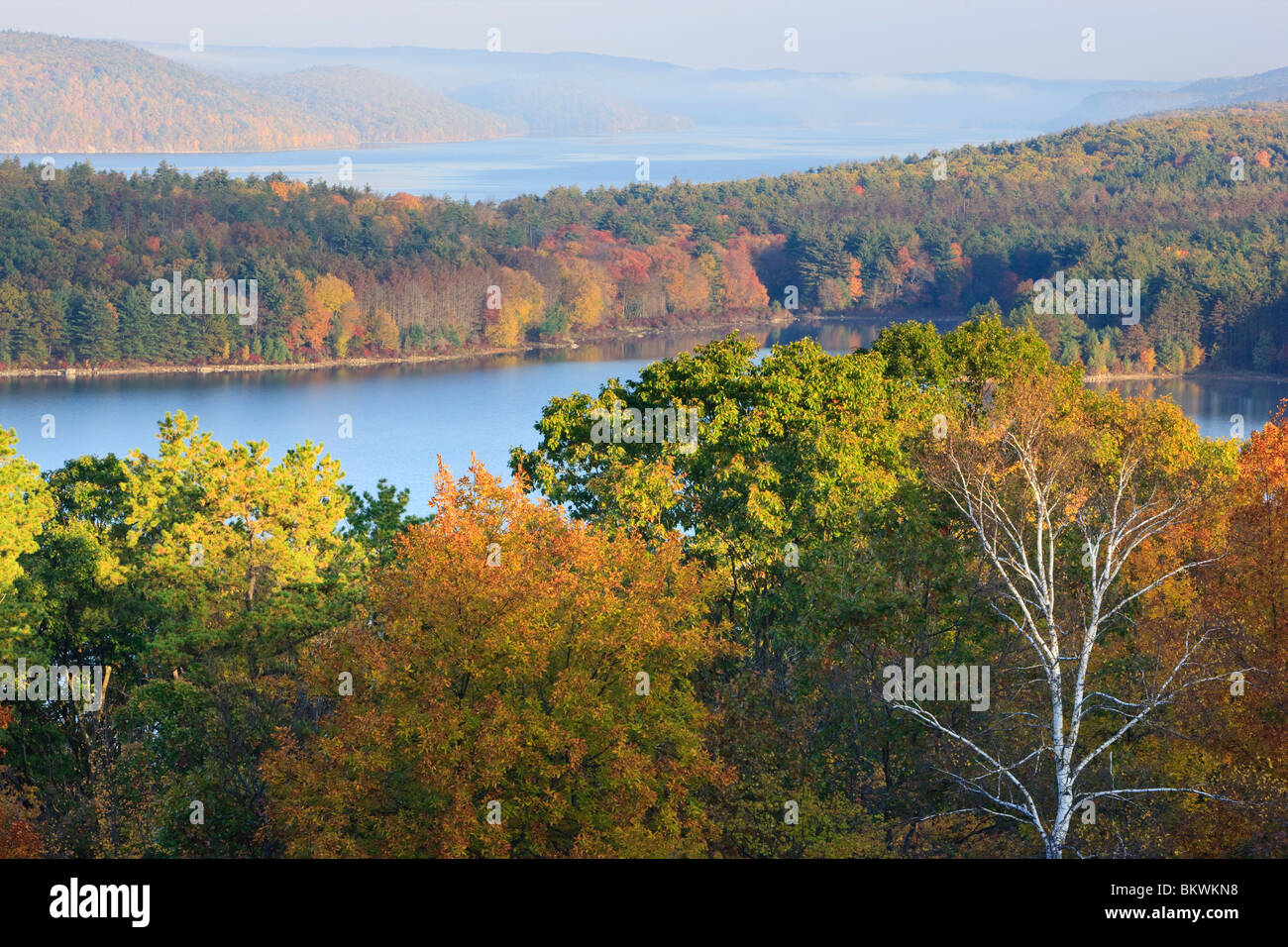 View of the Quabbin Reservoir from the Enfield overlook in Ware, Massachusetts.  Fall. Stock Photo