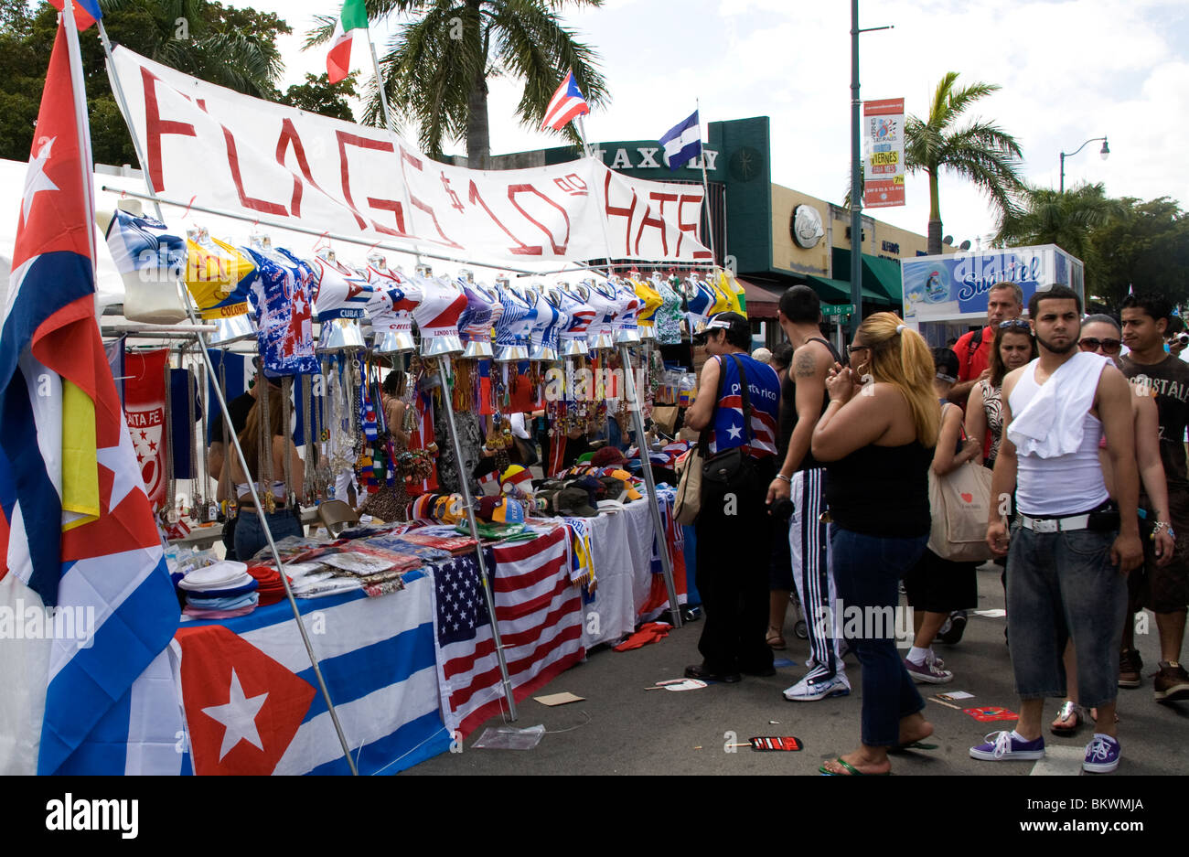 Stall selling flags of Latin American and Caribbean countries, Calle Ocho Festival Little Havana, Miami Florida USA Stock Photo