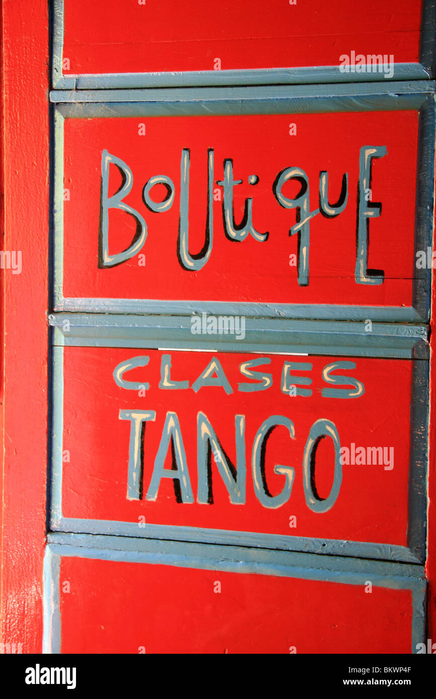 A sign advertising tango classes, La Boca, Buenos Aires, Argentina Stock Photo