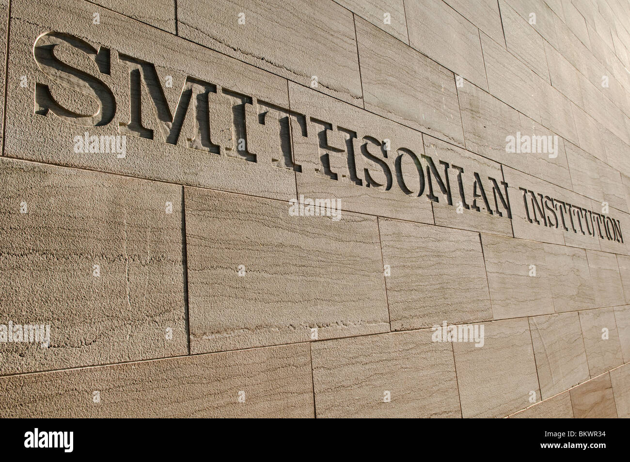 WASHINGTON DC, USA - Smithsonian Institution sign etched into the stone exterior fo the National Air and Space Museum Stock Photo